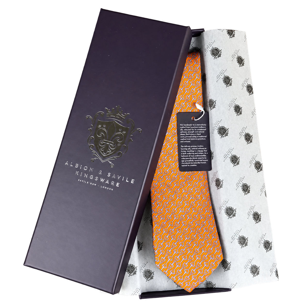 Orange silk tie in its Albion & Savile presentation box with branded tissue.